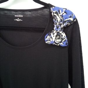 NWT Madison Black Blue Bow Detail Rayon Blend Fall Winter Spring School Top M